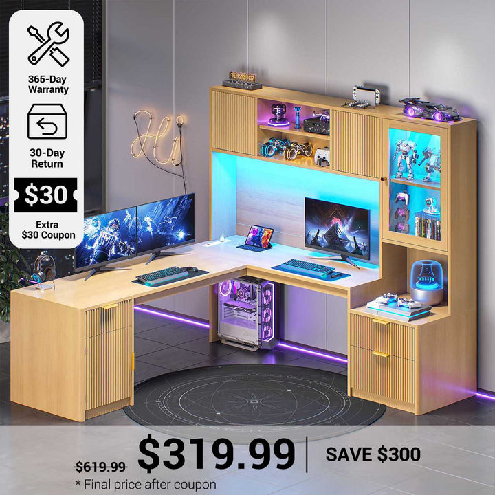 SEDETA® 67 Inch Fluted L Shaped Computer Desk Gaming Desk with RGB LED Glass Display Cabinet File Drawer Storage Cabinet Hutch   Power Outlets