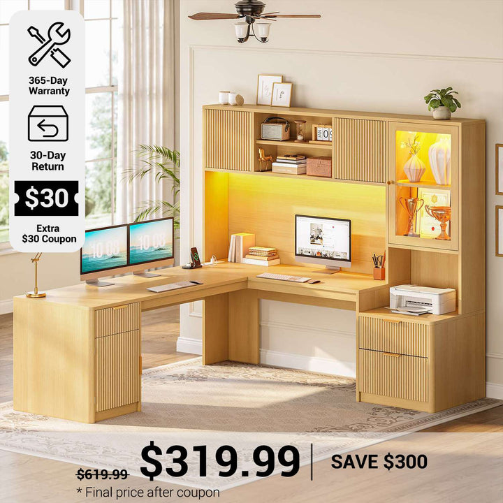 SEDETA® 67 Inch Fluted L Shaped Computer Desk Gaming Desk with RGB LED Glass Display Cabinet File Drawer Storage Cabinet Hutch   Power Outlets