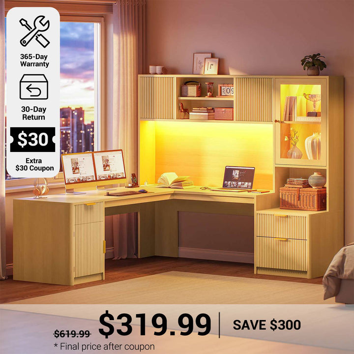 SEDETA® 67 Inch Fluted L Shaped Computer Desk Gaming Desk with RGB LED Glass Display Cabinet File Drawer Storage Cabinet Hutch   Power Outlets