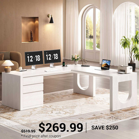 SEDETA | 63 Inch Corner Wood Computer Desk with U-Shaped Legs Relief Texture Modern L Shaped Executive Office Desk with 3 File Drawers with Power Outlet