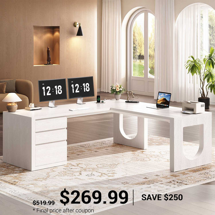 SEDETA® 63 Inch Wood L Shaped Computer Desk Modern Executive Office Desk with U-Shaped Legs Relief Texture Power Outlet 3 File Drawers