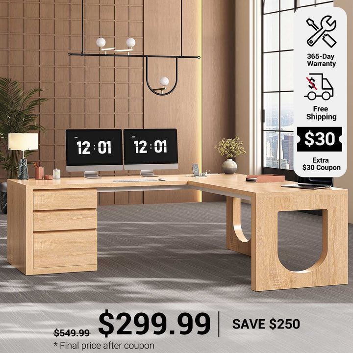 SEDETA 63 Inch Wood L Shaped Computer Desk with 3 Drawers Modern Executive Office Desk with U-Shaped Legs Relief Texture Power Outlet