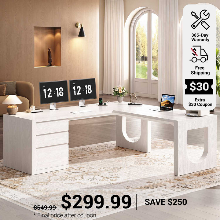 SEDETA 63 Inch Wood L Shaped Computer Desk with 3 Drawers Modern Executive Office Desk with U-Shaped Legs Relief Texture Power Outlet