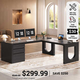 SEDETA 63 Inch Wood L Shaped Computer Desk with 3 Drawers Modern Executive Office Desk with U-Shaped Legs Relief Texture Power Outlet