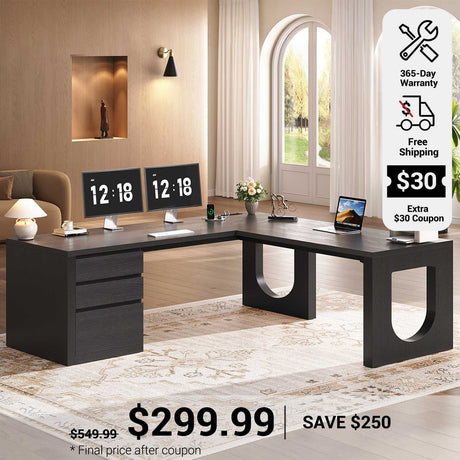 SEDETA 63 Inch Wood L Shaped Computer Desk with 3 Drawers Modern Executive Office Desk with U-Shaped Legs Relief Texture Power Outlet