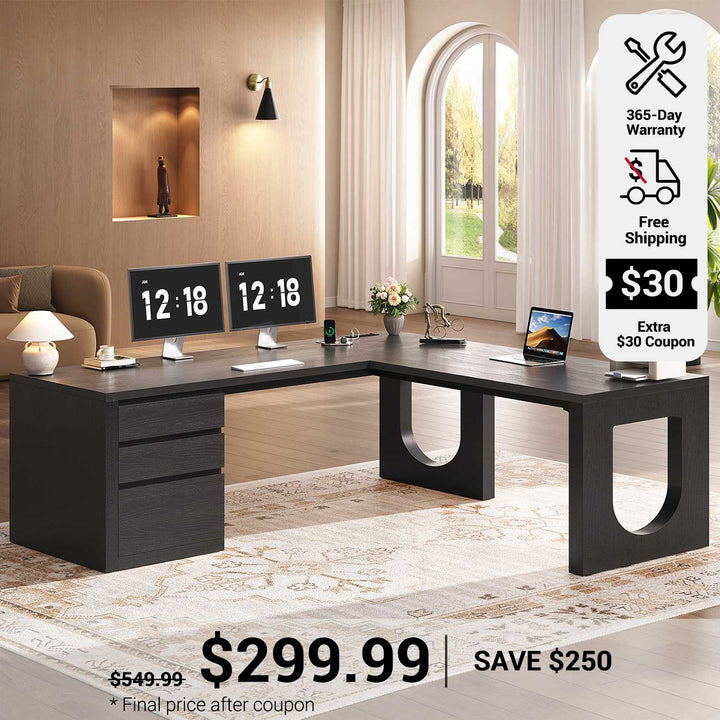 SEDETA 63 Inch Wood L Shaped Computer Desk with 3 Drawers Modern Executive Office Desk with U-Shaped Legs Relief Texture Power Outlet