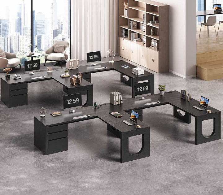 SEDETA 63 Inch Wood L Shaped Computer Desk with 3 Drawers Modern Executive Office Desk with U-Shaped Legs Relief Texture Power Outlet