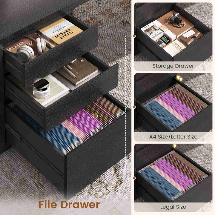 SEDETA 63 Inch Wood L Shaped Computer Desk with 3 Drawers Modern Executive Office Desk with U-Shaped Legs Relief Texture Power Outlet