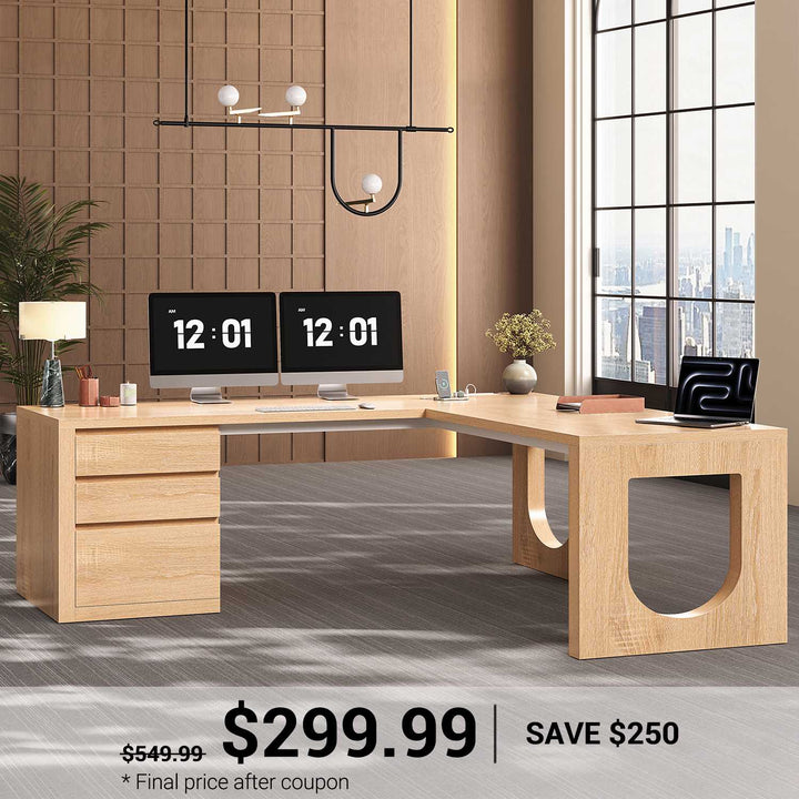 SEDETA 63 Inch Wood L Shaped Computer Desk with 3 Drawers Modern Executive Office Desk with U-Shaped Legs Relief Texture Power Outlet