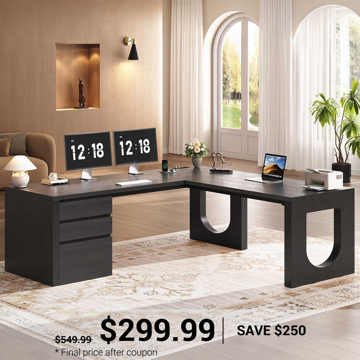 SEDETA 63 Inch Wood L Shaped Computer Desk with 3 Drawers Modern Executive Office Desk with U-Shaped Legs Relief Texture Power Outlet