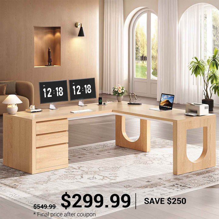 SEDETA 63 Inch Wood L Shaped Computer Desk with 3 Drawers Modern Executive Office Desk with U-Shaped Legs Relief Texture Power Outlet
