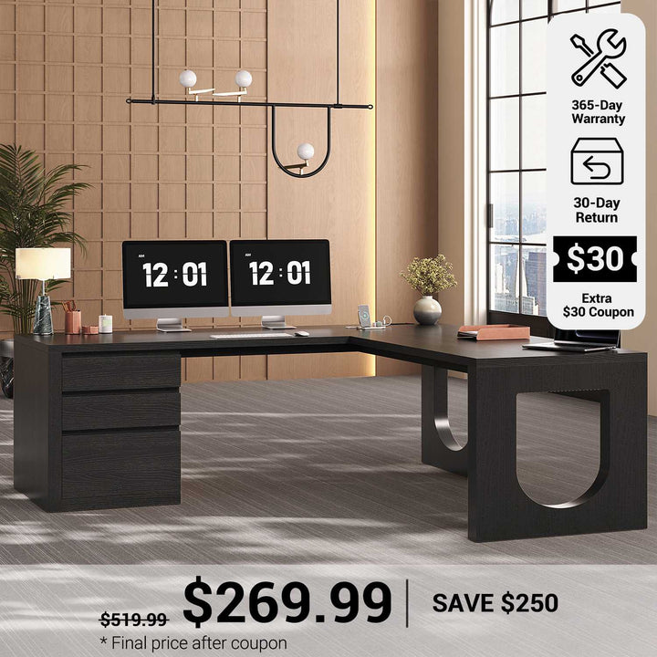 SEDETA® 63 Inch Wood L Shaped Computer Desk Modern Executive Office Desk with U-Shaped Legs Relief Texture Power Outlet 3 File Drawers