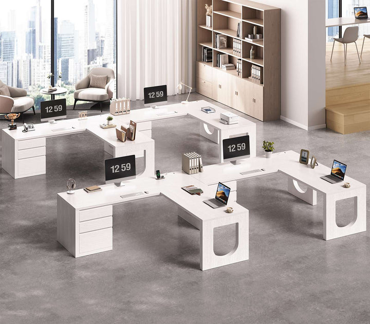 SEDETA 63 Inch Wood L Shaped Computer Desk with 3 Drawers Modern Executive Office Desk with U-Shaped Legs Relief Texture Power Outlet