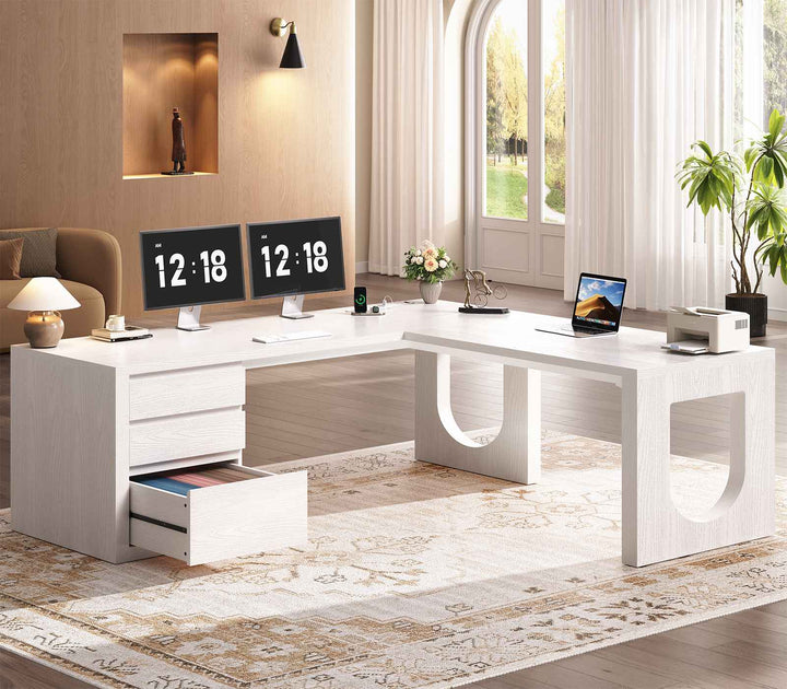 SEDETA 63 Inch Wood L Shaped Computer Desk with 3 Drawers Modern Executive Office Desk with U-Shaped Legs Relief Texture Power Outlet