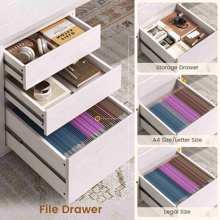 SEDETA 63 Inch Wood L Shaped Computer Desk with 3 Drawers Modern Executive Office Desk with U-Shaped Legs Relief Texture Power Outlet
