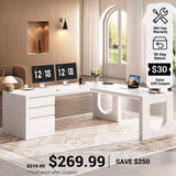 SEDETA® 63 Inch Wood L Shaped Computer Desk Modern Executive Office Desk with U-Shaped Legs Relief Texture Power Outlet 3 File Drawers