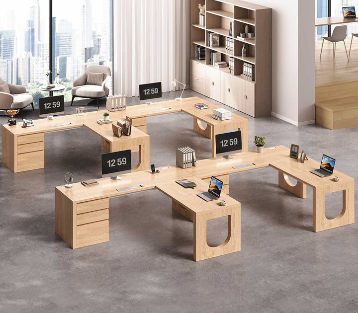 SEDETA 63 Inch Wood L Shaped Computer Desk with 3 Drawers Modern Executive Office Desk with U-Shaped Legs Relief Texture Power Outlet