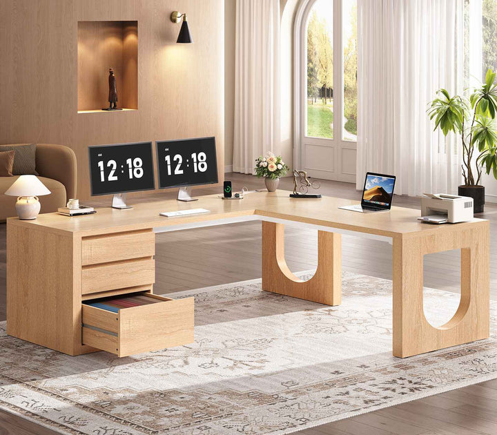 SEDETA 63 Inch Wood L Shaped Computer Desk with 3 Drawers Modern Executive Office Desk with U-Shaped Legs Relief Texture Power Outlet