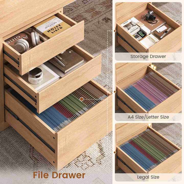 SEDETA 63 Inch Wood L Shaped Computer Desk with 3 Drawers Modern Executive Office Desk with U-Shaped Legs Relief Texture Power Outlet