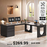 SEDETA® 63 Inch Wood L Shaped Computer Desk Modern Executive Office Desk with U-Shaped Legs Relief Texture Power Outlet 3 File Drawers