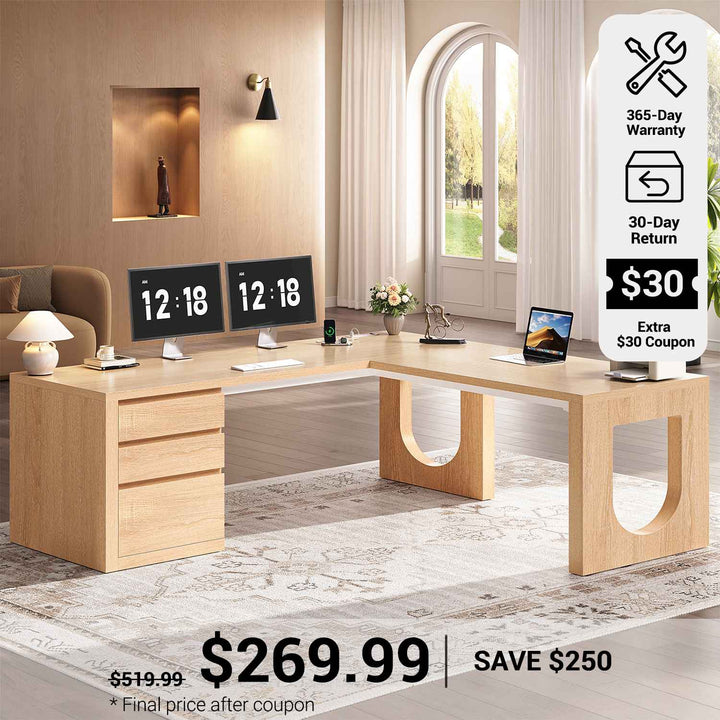 SEDETA® 63 Inch Wood L Shaped Computer Desk Modern Executive Office Desk with U-Shaped Legs Relief Texture Power Outlet 3 File Drawers