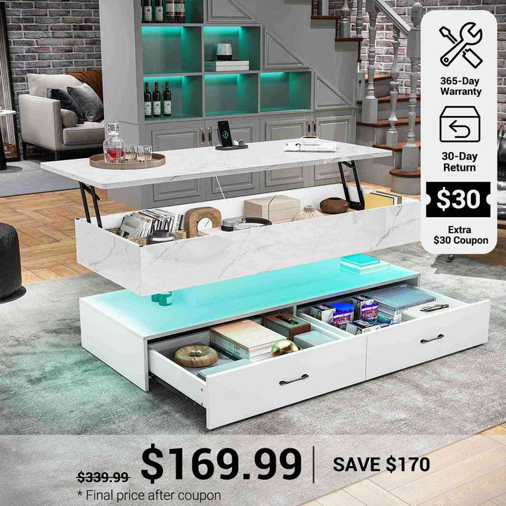 SEDETA® 47.2 Inch 2 Drawers Coffee Table with Power Outlet LED Light Lift Top Coffee Table Coffee Tables with Storage for Living Room