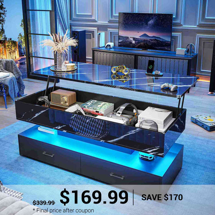 SEDETA | 47.2 Inch 2 Drawers Lift Top Coffee Table with LED Light Coffee Table with Power Outlet Coffee Tables with Storage for Living Room|