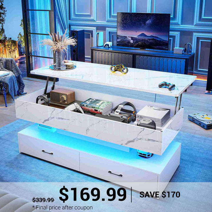 SEDETA | 47.2 Inch 2 Drawers Lift Top Coffee Table with LED Light Coffee Table with Power Outlet Coffee Tables with Storage for Living Room|