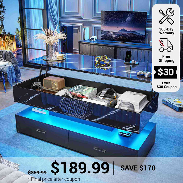 SEDETA 47.2 Inch Lift Top Coffee Table Coffee Tables with Storage for Living Room 2 Drawers Coffee Table with Power Outlet LED Light for Dining Reception Room
