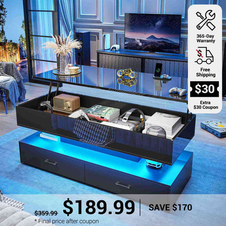 SEDETA 47.2 Inch Lift Top Coffee Table Coffee Tables with Storage for Living Room 2 Drawers Coffee Table with Power Outlet LED Light for Dining Reception Room