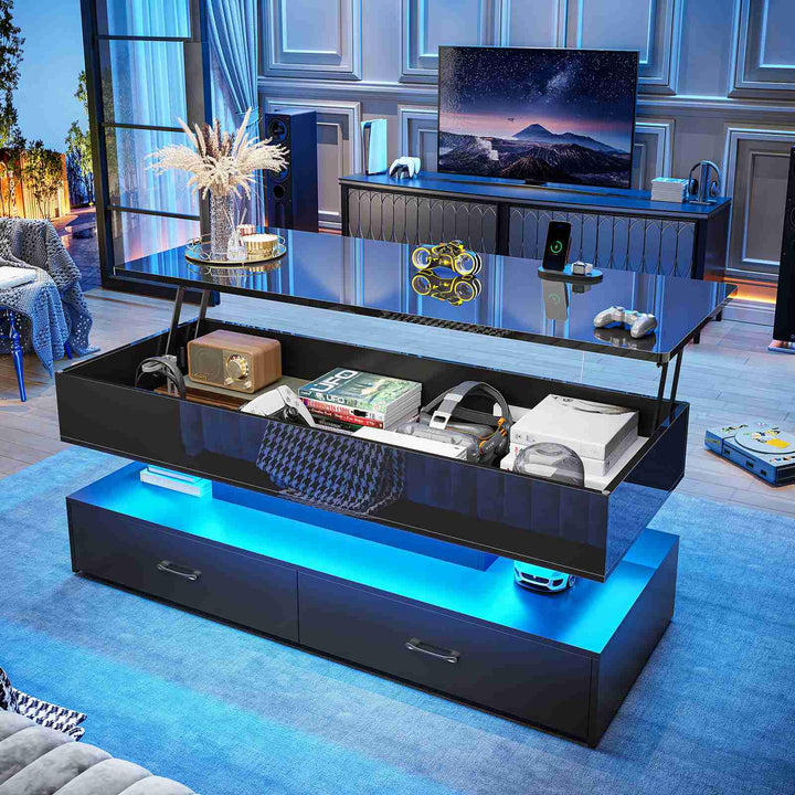 SEDETA | 47.2 Inch 2 Drawers Lift Top Coffee Table with LED Light Coffee Table with Power Outlet Coffee Tables with Storage for Living Room|