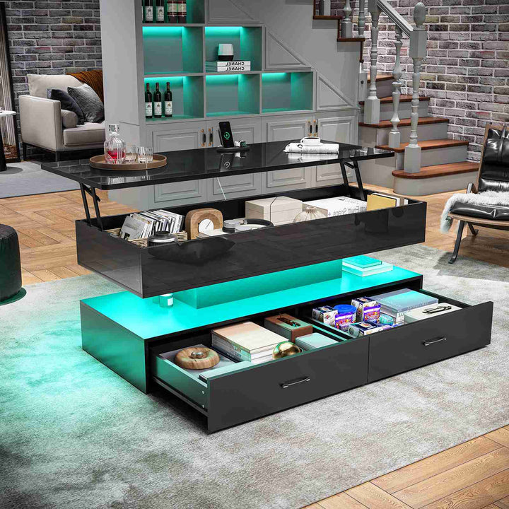 SEDETA | 47.2 Inch 2 Drawers Lift Top Coffee Table with LED Light Coffee Table with Power Outlet Coffee Tables with Storage for Living Room|