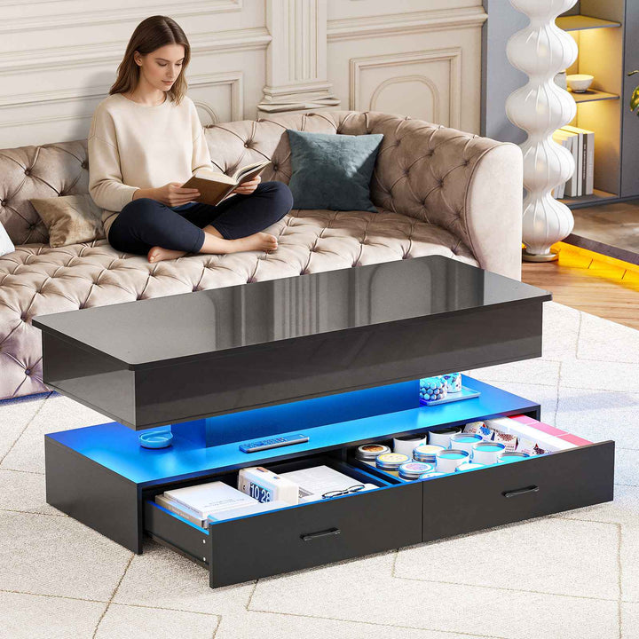 SEDETA | 47.2 Inch 2 Drawers Lift Top Coffee Table with LED Light Coffee Table with Power Outlet Coffee Tables with Storage for Living Room|