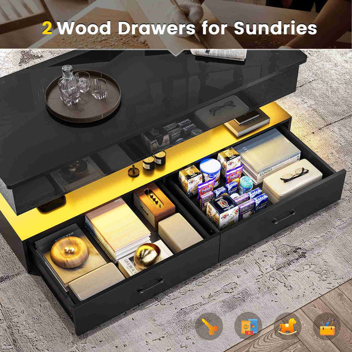 SEDETA | 47.2 Inch 2 Drawers Lift Top Coffee Table with LED Light Coffee Table with Power Outlet Coffee Tables with Storage for Living Room|