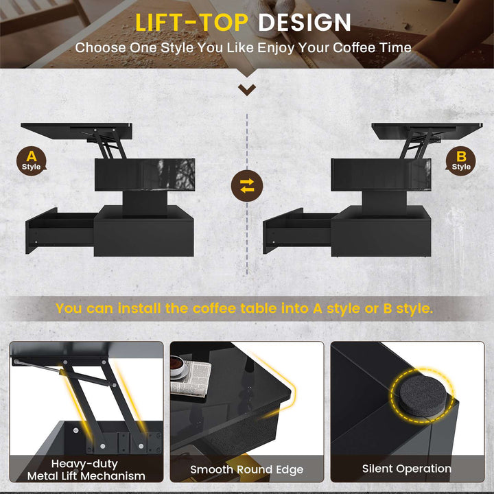 SEDETA | 47.2 Inch 2 Drawers Lift Top Coffee Table with LED Light Coffee Table with Power Outlet Coffee Tables with Storage for Living Room|