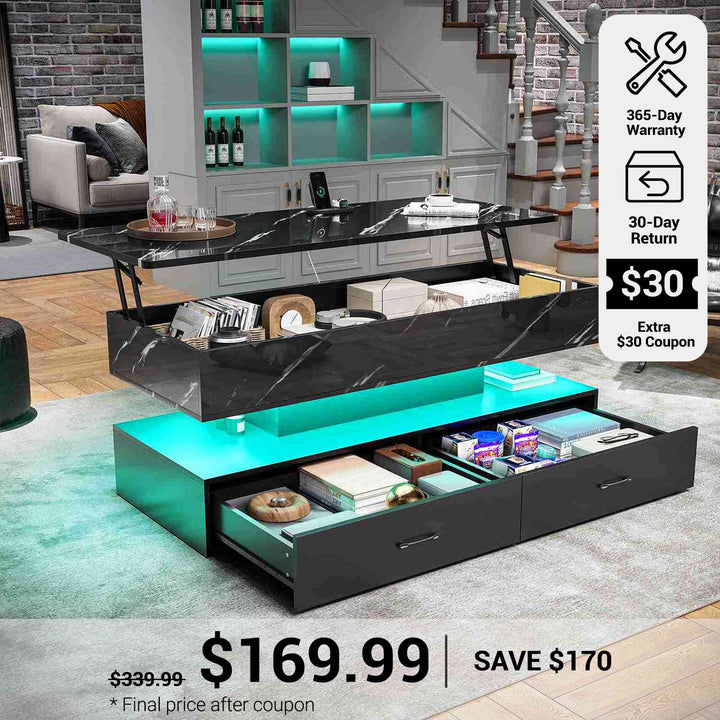 SEDETA® 47.2 Inch 2 Drawers Coffee Table with Power Outlet LED Light Lift Top Coffee Table Coffee Tables with Storage for Living Room