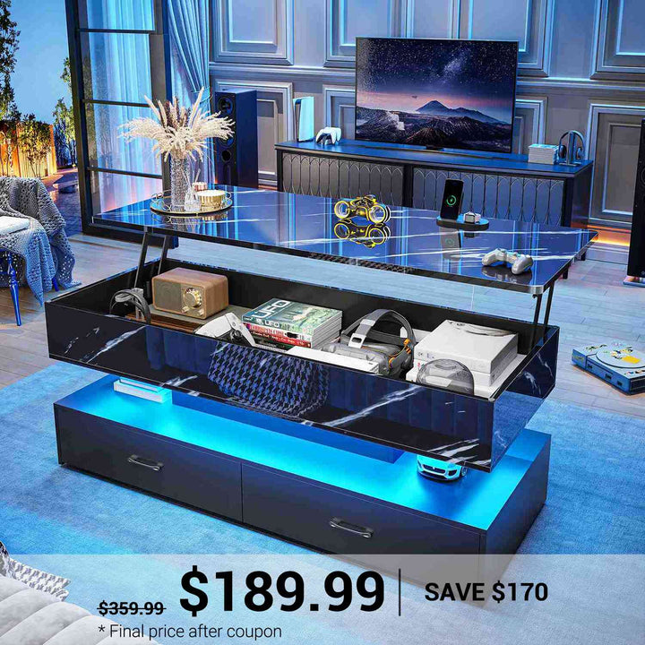 SEDETA 47.2 Inch Lift Top Coffee Table Coffee Tables with Storage for Living Room 2 Drawers Coffee Table with Power Outlet LED Light for Dining Reception Room