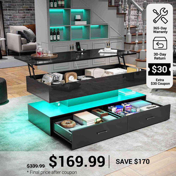 SEDETA® 47.2 Inch 2 Drawers Coffee Table with Power Outlet LED Light Lift Top Coffee Table Coffee Tables with Storage for Living Room