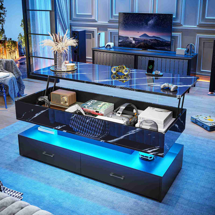 SEDETA | 47.2 Inch 2 Drawers Lift Top Coffee Table with LED Light Coffee Table with Power Outlet Coffee Tables with Storage for Living Room|