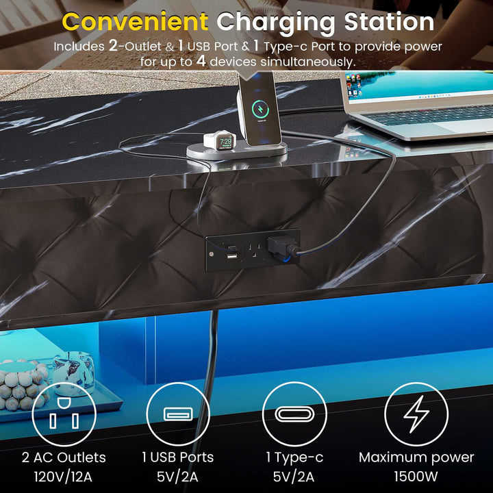 SEDETA | 47.2 Inch 2 Drawers Lift Top Coffee Table with LED Light Coffee Table with Power Outlet Coffee Tables with Storage for Living Room|