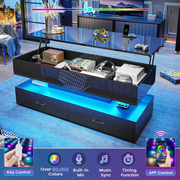 SEDETA | 47.2 Inch 2 Drawers Lift Top Coffee Table with LED Light Coffee Table with Power Outlet Coffee Tables with Storage for Living Room|