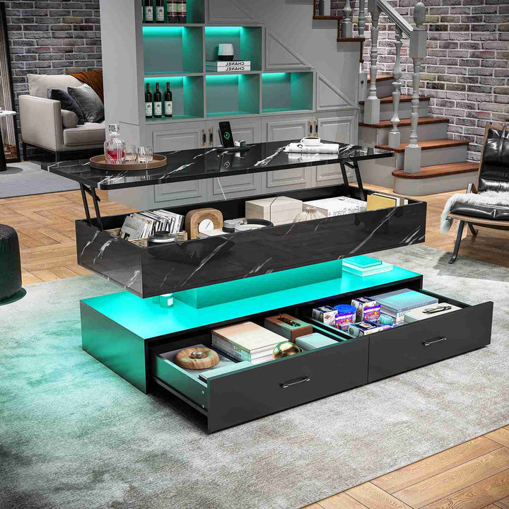 SEDETA | 47.2 Inch 2 Drawers Lift Top Coffee Table with LED Light Coffee Table with Power Outlet Coffee Tables with Storage for Living Room|