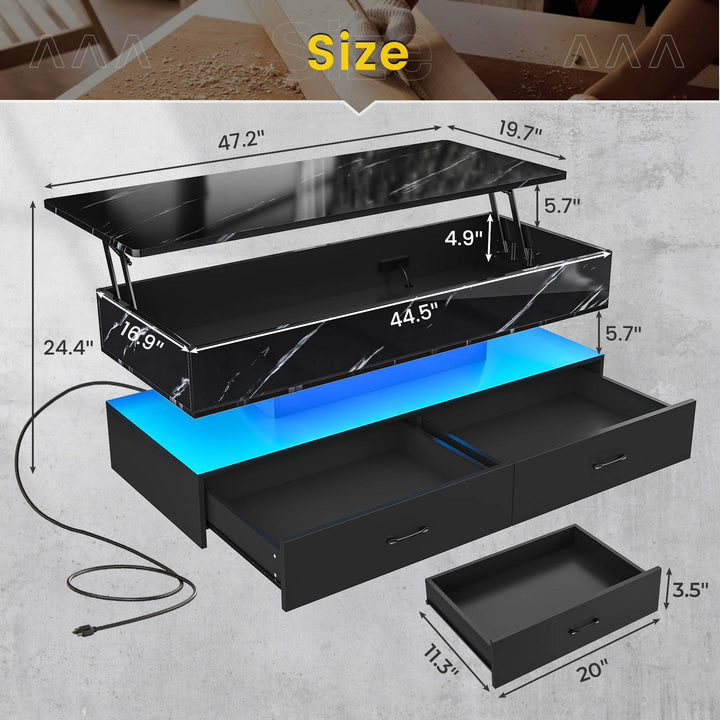 SEDETA | 47.2 Inch 2 Drawers Lift Top Coffee Table with LED Light Coffee Table with Power Outlet Coffee Tables with Storage for Living Room|