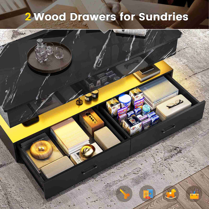 SEDETA | 47.2 Inch 2 Drawers Lift Top Coffee Table with LED Light Coffee Table with Power Outlet Coffee Tables with Storage for Living Room|