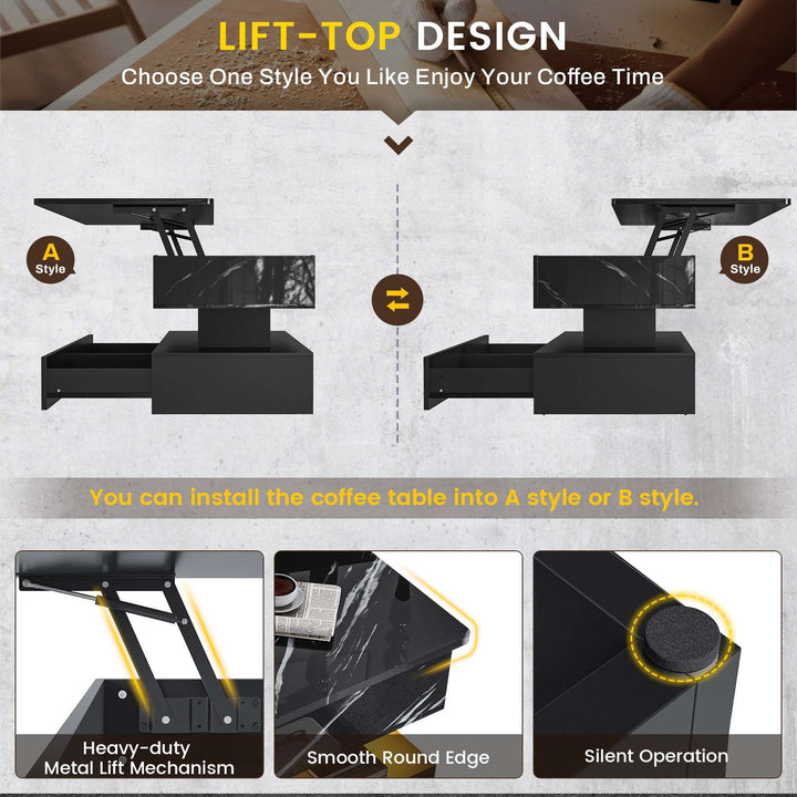 SEDETA | 47.2 Inch 2 Drawers Lift Top Coffee Table with LED Light Coffee Table with Power Outlet Coffee Tables with Storage for Living Room|