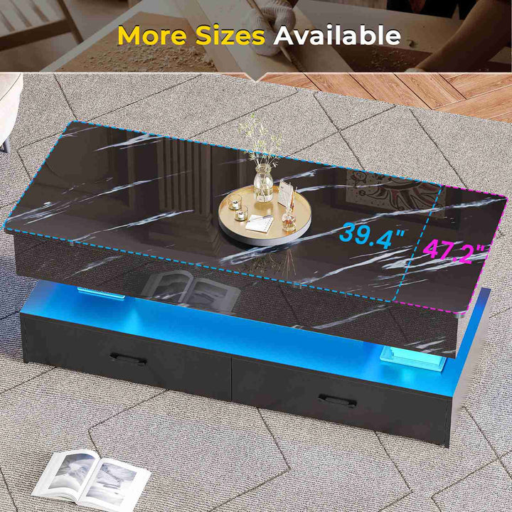 SEDETA | 47.2 Inch 2 Drawers Lift Top Coffee Table with LED Light Coffee Table with Power Outlet Coffee Tables with Storage for Living Room|