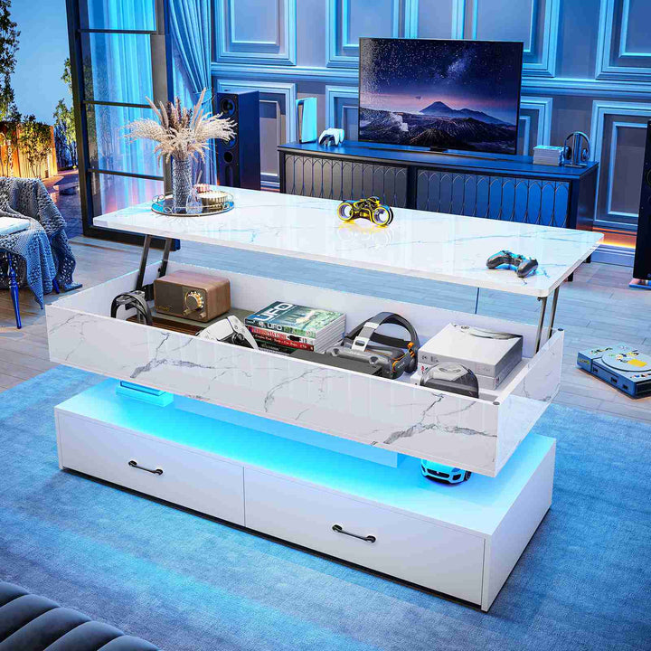 SEDETA | 47.2 Inch 2 Drawers Lift Top Coffee Table with LED Light Coffee Table with Power Outlet Coffee Tables with Storage for Living Room|