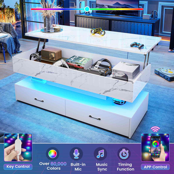 SEDETA | 47.2 Inch 2 Drawers Lift Top Coffee Table with LED Light Coffee Table with Power Outlet Coffee Tables with Storage for Living Room|