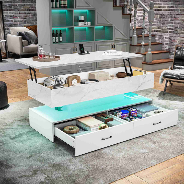 SEDETA | 47.2 Inch 2 Drawers Lift Top Coffee Table with LED Light Coffee Table with Power Outlet Coffee Tables with Storage for Living Room|