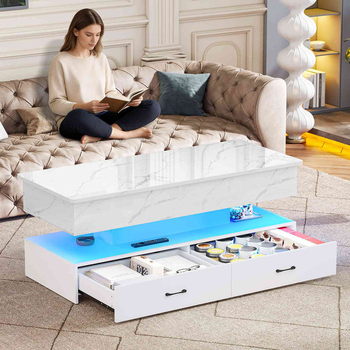 SEDETA | 47.2 Inch 2 Drawers Lift Top Coffee Table with LED Light Coffee Table with Power Outlet Coffee Tables with Storage for Living Room|